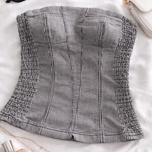 Pull & Bear Pinstripe Strapless Top | Smocked Sides | Size M